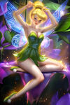 1girl armpits arms_up ayyasap bare_arms bare_legs bare_shoulders blonde_female blonde_hair blue_eyes blush breasts cleavage collarbone disney disney_fairies dress fairy fairy_wings female_only female_solo flower green_dress grin hair_between_eyes hair_bun leaf leaf_clothing leaves legs lips lipstick looking_at_viewer makeup medium_breasts nature naughty_face neck outside parted_lips peter_pan peter_pan_(1953_film) peter_pan_(disney) pink_lipstick purple_flower short_dress short_hair sitting smile strapless strapless_dress tied_hair tinker_bell tinker_bell_(series) tying tying_hair wings