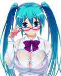 >:( 100_percent_(vocaloid) 1girl :< adjusting_glasses aqua_eyes aqua_hair aqua_nails bespectacled big_breasts blue_eyes blue_hair blush bow bowtie bra breasts bursting_breasts cleavage dress_shirt female_only frown glasses hatsune_miku high_res highres hisashi_(nekoman) hisasi huge_breasts lingerie long_hair long_sleeves looking_at_viewer miku_hatsune nail_polish pink-framed_glasses plaid plaid_bow ribbon see-through shirt simple_background solo solo_female straining_buttons tight tight_clothes twin_tails twintails underwear upper_body vocaloid white_background white_shirt yamaha