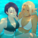 2_girls abs alluring alternate_costume athletic_female big_breasts bikini blonde_hair blue_bikini blue_hair catherine_(fire_emblem) cleavage dark-skinned_female dark_skin female_abs fire_emblem fire_emblem:_three_houses fit_female front-tie_bikini_top front-tie_top hair_intakes happy intelligent_systems koyorin light_blush multiple_girls nintendo o-ring o-ring_bikini partially_submerged shade shamir_nevrand smile swimsuit toned water wet white_bikini