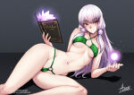 1girl adsouto alluring bikini book collarbone covered_erect_nipples fire_emblem fire_emblem:_three_houses green_bikini grey_hair high_res holding holding_book holding_spellbook intelligent_systems long_hair lying lysithea_von_ordelia magic medium_breasts navel nintendo on_side open_book red_eyes signature smile spellbook string_bikini swimsuit under_boob variant_set