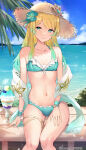 1girl 1girl alluring artist_name bare_shoulders bikini blonde_and_teal_hair blue_eyes blue_sky cleavage cloud cloudy_sky collarbone commentary_request cup day disposable_cup disposable_ice_cream_cup earrings fire_emblem fire_emblem_heroes fjorm_(fire_emblem) flower food gradient_hair haru_(nakajou-28) hat hibiscus high_res ice_cream intelligent_systems jewelry long_hair looking_at_viewer multicolored_hair navel nintendo ocean outside palm_leaf shiny_skin simple_background sitting sky small_breasts smile snowflakes sparkle stomach straw_hat swimsuit thigh_strap water wrist_cuffs