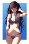 1girl 1girl alluring alternate_costume bare_arms bare_shoulders bikini black_bikini black_hair blue_background cleavage collarbone fire_emblem fire_emblem_awakening fire_emblem_warriors grey_eyes high_res intelligent_systems long_hair medium_breasts milf nintendo pomelomelon swimsuit tharja tharja_(fire_emblem) very_long_hair