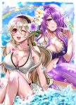 2girls akimiiiii alluring big_breasts bikini camilla_(fire_emblem) camilla_(tropical_beauty)_(fire_emblem) cleavage collarbone corrin_(fire_emblem) corrin_(fire_emblem)_(female) corrin_(summer)_(fire_emblem)_(female) fire_emblem fire_emblem_fates fire_emblem_heroes fire_emblem_warriors flower hair_flower hair_ornament hair_over_one_eye intelligent_systems long_hair navel nintendo official_alternate_costume purple_eyes purple_hair red_eyes sarong summer swimsuit water