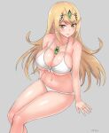 1girl 1girl alluring angoha big_breasts bikini blonde_hair cleavage closed_mouth grey_background high_res invisible_chair long_hair looking_at_viewer mythra_(xenoblade) navel simple_background sitting smile swimsuit white_bikini xenoblade_(series) xenoblade_chronicles_2 yellow_eyes