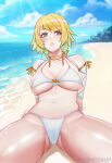 1girl 1girl 1girl alluring arms_behind_back beach belly big_breasts bikini blonde_hair blue_eyes blue_hair blush choker fire_emblem fire_emblem_heroes fjorm_(fire_emblem) forest intelligent_systems koshiosaur medium_breasts multicolored_hair open_mouth puckered_lips sand sea short_hair sitting sitting_down smile swimsuit