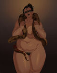 1girl belly chubby coiled curvy curvy_female dungeon facepaint fat_breasts flirting_look flirting_with_viewer hairbun hairclip hips jesse_coy nipples nude plump shadows snake tattoo temptation thicc thick_thighs
