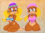 2girls arms_behind_back barefoot beanie beret blonde_hair blue_eyes bottomless breasts cleavage clothes dixie_kong donkey_kong_(series) donkey_kong_64 donkey_kong_country donkey_kong_country_2 earrings furry furry_female green_eyes hat hoop_earrings jewelry lipstick long_hair makeup monkey multiple_girls navel nintendo nitro no_bra no_panties no_pants ponytail seiza shirt sitting smile tank_top teenage tied_hair tied_shirt tiny_kong twin_tails under_boob v_arms younger_female