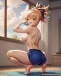 1girl 1girl 1girl ;d ass back bare_back bare_shoulders barefoot big_breasts blonde_hair blue_shorts blush breasts clothing cloud day dolphin_shorts fanbox_username feet from_behind full_body genshin_impact hair_ornament hand_up heel_up high_ponytail holding indoors legs long_hair looking_at_viewer looking_back median_furrow medium_breasts nipples one_eye_closed open_mouth orange_eyes patreon_username ponytail short_shorts shorts shoulder_blades sky smile soles squatting sweat teeth thighs tiptoes toes topless waifuai_studio web_address window wooden_floor yellow_eyes yoimiya_(genshin_impact)