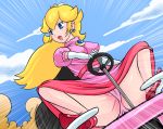  blonde_hair blue_eyes blush bule crown driving dutch_angle girl go_kart long_hair mario_(series) mario_kart nintendo open_mouth panties pantyshot princess_peach spread_legs super_mario_bros. underwear upskirt 