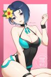 1girl 1girl alluring bare_shoulders big_breasts black_one-piece_bikini blue_one-piece_bikini casual_one-piece_bikini choker cleavage collarbone covered_navel fire_emblem fire_emblem:_three_houses fire_emblem_heroes flower hair_flower hair_ornament intelligent_systems jewelry looking_at_viewer nintendo official_alternate_costume one-piece_bikini open_mouth purple_eyes shamir_nevrand shamir_nevrand_(summer) short_hair simple_background skindentation smile swimsuit sylphy_fe thick_thighs thighlet thighs