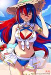 1girl 1girl alear_(female)_(fire_emblem) alear_(female)_(seaside_dragon)_(fire_emblem) alear_(fire_emblem) alluring armlet beach big_breasts bikini blue_bikini blue_hair blue_sky blush character_ball cleavage closed_eyes closed_mouth cloud collarbone commentary_request criss-cross_halter crossed_bangs fire_emblem fire_emblem_engage fire_emblem_heroes gluteal_fold gold_armlet gold_thighlet halterneck hat intelligent_systems jewelry long_hair looking_at_viewer multicolored_bikini multicolored_hair multicolored_swimsuit navel nintendo ocean official_alternate_costume open_mouth outside red_bikini red_hair showgirl_skirt sky smile sommie_(fire_emblem) split-color_hair stomach straw_hat sun sun_hat swimsuit tes2w44zagroyj7 thighlet thighs two-tone_hair very_long_hair water white_bikini