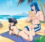 1boy 1girl beach bikini black_hair blue_hair blue_sky couple decoxart fire_emblem intelligent_systems larcei_(fire_emblem) nintendo ocean purple_eyes seliph_(fire_emblem) swimming_trunks unfastened_bikini_top
