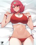 1girl 1girl alluring big_breasts christmas core_crystal heroine kaos_art light-skinned_female light_skin lying_on_back milf naughty_face nintendo pyra_(xenoblade) red_eyes red_hair short_hair smile xenoblade_(series) xenoblade_chronicles_2