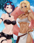 2_girls alluring alternate_costume athletic_female bare_shoulders bikini black_bikini black_choker blonde_hair blue_eyes blue_hair blue_sky catherine_(fire_emblem) choker cleavage cloud collarbone dark-skinned_female dark_skin expressionless eyewear_on_head female_abs female_focus fire_emblem fire_emblem:_three_houses fit_female grey_bikini haru_(nakajou-28) high_res innertube intelligent_systems looking_at_viewer medium_breasts midriff multiple_girls navel nintendo ponytail purple_eyes sarong shamir_nevrand short_hair sky smile strapless strapless_bikini sunglasses sunglasses_on_head swim_ring swimsuit thigh_strap under_boob