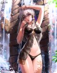 1girl 1girl alluring alternate_costume arm_up armpits bikini black_bikini chemise commentary cowboy_shot esther_shen fire_emblem fire_emblem:_three_houses hand_up intelligent_systems long_hair looking_at_viewer lysithea_von_ordelia medium_breasts navel nintendo parted_lips purple_eyes revision standing stomach swimsuit thighs white_hair