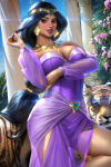 1girl adjusting_hair aladdin_(1992_disney_film) aladdin_(series) animal arabian_clothes arabian_female ayyasap bangs bare_legs bare_shoulders big_breasts black_hair black_nose blush breast_hold breasts brown_eyes cleavage dark-skinned_female dark_skin day disney disney_princess dress dutch_angle earrings eyeshadow female_focus female_only female_solo flower gold_earrings gold_jewelry gold_necklace grin hand_up harem_outfit headpiece indoors jewelry legs lips lipstick long_hair long_sleeves looking_at_viewer makeup nail_polish naughty_face neck necklace off-shoulder_dress off_shoulder official_alternate_costume parted_bangs parted_lips pillar pink_flower plant princess princess_jasmine purple_dress purple_lipstick purple_nails rajah see-through see-through_clothes see-through_dress side_slit smile solo_focus standing thick_eyebrows thighs tied_hair tiger very_long_hair yellow_sclera
