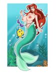 1girl 2025 astra_ph bra breasts bubbles disney flounder lipstick mermaid mermaid_tail navel nipples princess_ariel red_hair the_little_mermaid underwater
