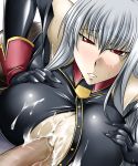 1girl arms_up bbc blush breasts clothed_sex cum dark_penis dutch_angle interracial kanten kk long_hair open_clothes open_shirt paizuri penis red_eyes selvaria_bles senjou_no_valkyria senjou_no_valkyria_1 shirt silver_hair uncensored upper_body valkyria_chronicles