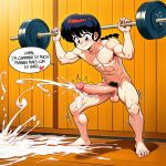 ai_generated aroused cumshot erection excessive_cum fit_male huge_penis nude ranma_saotome speech_bubble workout