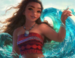 1girl arm_at_side bare_shoulders black_hair breasts brown_eyes brown_lipstick dark-skinned_female dark_skin day disney female_only female_solo grin half-closed_eyes hand_up jewelry lips lipstick long_hair looking_at_viewer magic makeup midriff moana_(disney) moana_waialiki neck necklace ocean outside parted_lips red_tubetop sakimichan small_breasts smile standing strapless thick_eyebrows tubetop water waves