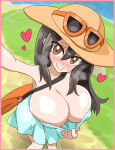 1girl 2022 bag big_breasts big_breasts blush breasts brown_eyes brown_hair cleavage eyewear_on_head eyewear_on_headwear hat heart huge_breasts looking_at_viewer nintendo no_bra npc_trainer oro_(zetsubou_girl) pokemon pokemon_sm selfpic sightseer_(pokemon) smile sunglasses sunglasses_on_head sweat