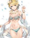 1girl 1girl alluring bikini blonde_and_teal_hair blue_bikini blue_eyes blush bracelet breasts_apart collarbone commentary_request crown earrings female_focus fire_emblem fire_emblem_heroes fjorm_(fire_emblem) flower flower_necklace gradient_hair hair_flower hair_ornament haru_(nakajou-28) jewelry looking_at_viewer multicolored_hair navel necklace nintendo shawl short_hair simple_background small_breasts snowflake_background swimsuit thigh_gap two-tone_hair