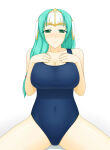 1girl 1girl alluring aqua_hair big_breasts blush breast_suppress cleavage collarbone covered_navel cowboy_shot female_focus fire_emblem fire_emblem:_radiant_dawn forehead_protector green_eyes green_hair hair_over_shoulder long_hair looking_at_viewer matching_hair/eyes nintendo nose_blush one-piece_bikini school_swimsuit sigrun_(fire_emblem) simple_background sitting spread_legs swimsuit taut_clothes taut_swimsuit white_background
