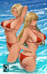 2_girls alluring alternate_costume areola_slip arm_behind_head ass big_breasts bikini blonde_hair blue_eyes butt_crack catherine_(fire_emblem) cleavage commission dark-skinned_female dark_skin female_focus fire_emblem fire_emblem:_the_binding_blade fire_emblem:_three_houses high_res igrene_(fire_emblem) in-franchise_crossover intelligent_systems long_hair matching_hair/eyes mature_female multiple_girls navel nintendo oyatsu_0 ponytail red_bikini sideboob skeb_commission smile swimsuit trait_connection under_boob wading yellow_eyes