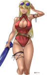 1girl 1girl absurd_res adjusting_eyewear alluring alternate_costume artist_name belt big_breasts blonde_hair blue_umbrella cleavage cleavage_cutout clothing_cutout collared_one-piece_bikini commentary covered_navel dark-skinned_female dark_skin eyewear_on_head fire_emblem fire_emblem:_the_binding_blade garter_belt gluteal_fold high_res holding holding_umbrella igrene_(fire_emblem) intelligent_systems long_hair looking_at_viewer mole mole_under_eye nintendo one-piece_bikini red_one-piece_bikini simple_background smile sunglasses swimsuit tinted_eyewear tsukimura_(d24f4z8j3t) umbrella water_drop wet white_background yellow_eyes