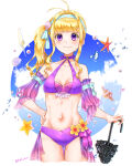 1girl 1girl absurd_res bikini blonde_hair clarine_(fire_emblem) cleavage fire_emblem fire_emblem:_the_binding_blade hand_on_own_hip high_res holding holding_umbrella intelligent_systems looking_at_viewer nintendo parasol ponytail purple_bikini purple_eyes seashell shell small_breasts smile starfish swimsuit tsukimura_(d24f4z8j3t) umbrella