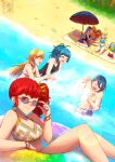 1boy 6+girls alfonse_(fire_emblem) alluring anna_(fire_emblem) artist_name bikini blonde_hair blue_hair cleavage eir_(fire_emblem) fairy_wings feh_(fire_emblem_heroes) fire_emblem fire_emblem_heroes fire_emblem_warriors fjorm_(fire_emblem) high_res intelligent_systems looking_at_viewer matching_hair/eyes multiple_girls nintendo one-piece_bikini one_eye_closed peony_(fire_emblem) red_eyes red_hair reginn_(fire_emblem) smile splashing sunglasses swimsuit toast_(oreocorio) wings wink