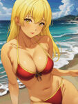 1girl 1girl absurd_res alluring alternate_costume beach big_breasts bikini blonde_hair cleavage dark-skinned_female dark_skin fire_emblem fire_emblem:_the_binding_blade goromochan high_res igrene_(fire_emblem) intelligent_systems looking_at_viewer mole mole_under_eye nintendo ocean outside red_bikini swimsuit yellow_eyes