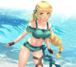 1girl 1girl 1girls alluring big_breasts bikini bikini_shorts blonde_hair braid braided_hair braided_ponytail cait fire_emblem fire_emblem:_three_houses fire_emblem_heroes flower flower_in_hair green_bikini green_eyes green_swimsuit hair_flower hair_ornament hair_ribbon ingrid_brandl_galatea ingrid_brandl_galatea_(summer) intelligent_systems long_hair nintendo ocean ribbon swimsuit thighs white_flower
