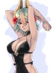 1girl 1girl alluring arms_up big_breasts black_one-piece_bikini cleavage dark-skinned_female dark_skin female_focus fire_emblem fire_emblem_heroes flower gradient_hair green_hair hair_flower hair_ornament high_res intelligent_systems laegjarn_(fire_emblem) laegjarn_(summer)_(fire_emblem) multicolored_hair nagisa_fe nintendo one-piece_bikini orange_hair red_eyes short_hair silf simple_background swimsuit upper_body white_background