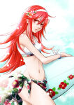 1girl alluring bikini caeldori_(fire_emblem) ebi_puri_(ebi-ebi) female_focus fire_emblem fire_emblem_fates flower groin hair_flower hair_ornament hairband intelligent_systems long_hair medium_breasts navel nintendo red_eyes red_hair side-tie_bikini_bottom surfboard swimsuit