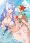1girl 1girl absurd_res alluring bare_shoulders bikini blue_hair blush body_markings braid cleavage closed_mouth cornucopia cup drinking_glass drinking_straw fire_emblem fire_emblem_heroes flower glass hair_flower hair_ornament heidrun_(fire_emblem) heidrun_(summer)_(fire_emblem) high_res holding holding_cup huge_breasts intelligent_systems long_hair looking_at_viewer nanashi_kuno navel nintendo ocean official_alternate_costume outside red_eyes smile swimsuit thick_thighs thighs very_long_hair water wet white_bikini wide_hips