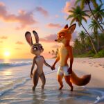 1boy 1girl ai_generated beach chastity_cage completely_nude disney furry_female furry_male gray_fur judy_hopps nick_wilde nude orange_fur palm_tree sunset water zootopia