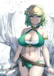 1girl alluring athletic_female belt big_breasts bikini blonde_and_teal_hair blue_eyes cleavage criss-cross_halter feather_trim female_abs female_focus fire_emblem fire_emblem_heroes fit_female fjorm_(fire_emblem) fjorm_(summer)_(fire_emblem) flower flower_hairband gradient_hair green_bikini green_hair hair_flower hair_ornament halterneck harihisa intelligent_systems looking_at_viewer multi-strapped_bikini_bottom multicolored_hair navel nintendo official_alternate_costume short_hair swimsuit