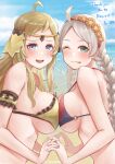 2_girls absurd_res ahoge alluring alternate_costume beach blonde_hair blue_eyes blush braid breast_press circlet cloud cloudy_sky commission commissioner_upload fire_emblem fire_emblem_fates fire_emblem_heroes grey_eyes hairband high_res holding_hands intelligent_systems multiple_girls nina_(fire_emblem) nintendo ophelia_(fire_emblem) skeb_commission sky srn_ana swimsuit symmetrical_docking upper_body white_hair