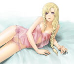 1girl 1girl alluring asa321 bed big_breasts blonde_hair braid camisole female_focus fire_emblem fire_emblem:_the_blazing_blade intelligent_systems lingerie louise_(fire_emblem) lying nintendo nipples on_side open_mouth panties pink_panties purple_eyes see-through_clothes side_braid underwear