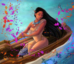 1girl 2others animal arm_tattoo artcrawl artcrawl_(artist) bangs bare_arms bare_shoulders bird black_hair boat closed_eyes dark-skinned_female dark_skin disney diving dress female_only female_solo fish flit_(pocahontas) floating_hair flying from_above happy head_down head_tilt hummingbird jewelry leaf leaves lips lipstick long_hair looking_down lower_teeth makeup mammal meeko native_american neck necklace off-shoulder_dress off_shoulder open_mouth outside paddle paddling parted_bangs petals pocahontas pocahontas_(character) raccoon red_lipstick river round_teeth sitting smile straight_hair swimming tattoo teeth thick_lips upper_teeth very_long_hair water yellow_dress