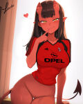 ac_milan big_breasts bottomless brown_hair demon_girl demon_horns demon_tail long_hair looking_at_viewer nekom14 nipples_visible_through_clothing no_panties pussy soccer_jersey yellow_eyes
