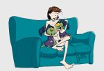 1girl2boys aliens athletic_female bearhug calvin's_mom calvin_and_hobbes dominant_female embarrassed face_squish flirty galaxoid(calvin_and_hobbes) headlock hugging jodero milf mullet nebular(calvin_and_hobbes) nervous nude nude_female pubic_hair sitting_on_couch small_breasts