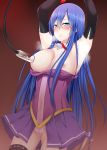 1girl arms_up bdsm blue_eyes blue_hair blush bondage bound breasts breasts_outside cameltoe cuffs detached_collar elbow_gloves gloves kaeru_no_ashi lactation long_hair milking_machine nipples original panties solo stockings thighhighs underwear