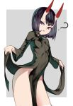 1girl alternate_costume black_legwear cosplay fate_(series) horns impossible_clothes one-punch_man short_hair shuten_douji_(fate) tatsumaki_(cosplay) tatsumaki_(one-punch_man)