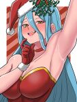 1girl 1girl 1girl alluring alternate_costume arm_up azura_(fire_emblem) big_breasts blue_hair christmas christmas_headwear christmas_outfit cleavage female_only fire_emblem fire_emblem_fates fire_emblem_warriors intelligent_systems looking_at_viewer mistletoe mnejing nintendo pov yellow_eyes