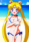 1girl accurate_art_style adult_swim alluring beach bikini bishoujo_senshi_sailor_moon bishoujo_senshi_sailor_moon_r bishoujo_senshi_sailor_moon_r_the_movie bishoujo_senshi_sailor_moon_s bishoujo_senshi_sailor_moon_s_the_movie bishoujo_senshi_sailor_moon_supers bishoujo_senshi_sailor_moon_supers_the_movie blonde_hair blue_eyes blue_sky cleavage medium_breasts michael_benson ocean pin_up toei_animation toonami usagi_tsukino viz_media
