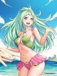 1girl 1girl :d aged_up alluring animal_skull beach bikini bikini_skirt blue_sky cloud commission criss-cross_halter etchimune fire_emblem fire_emblem_awakening gem green_bikini green_gemstone green_hair halterneck happy heart-shaped_gem intelligent_systems long_hair looking_at_viewer medium_breasts navel nintendo nowi_(fire_emblem) open_mouth outstretched_arms parted_bangs pink_bikini pointy_ears ponytail purple_eyes red_gemstone showgirl_skirt sky sling_bikini_top smile spread_arms swimsuit twitter_username under_boob w_arms