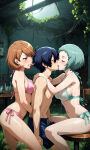 1boy 2_girls bikini_bottom blue_hair fuuka_yamagishi kissing light_brown_hair minato_arisato persona persona_3 teal_hair yukari_takeba yuuki_makoto