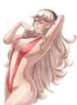 1girl alluring arm_behind_head bare_arms bare_midriff bare_thighs blonde_hair corrin_(fire_emblem) corrin_(fire_emblem)_(female) female_only fire_emblem fire_emblem_fates fire_emblem_warriors grey_hair grin hair_between_eyes hairband hand_on_own_face intelligent_systems long_hair looking_at_viewer medium_breasts midriff naughty_face nintendo one_eye_closed red_eyes revealing_clothes rinku_bny short_hair sideboob sling_bikini smile swimsuit thighs very_long_hair wink